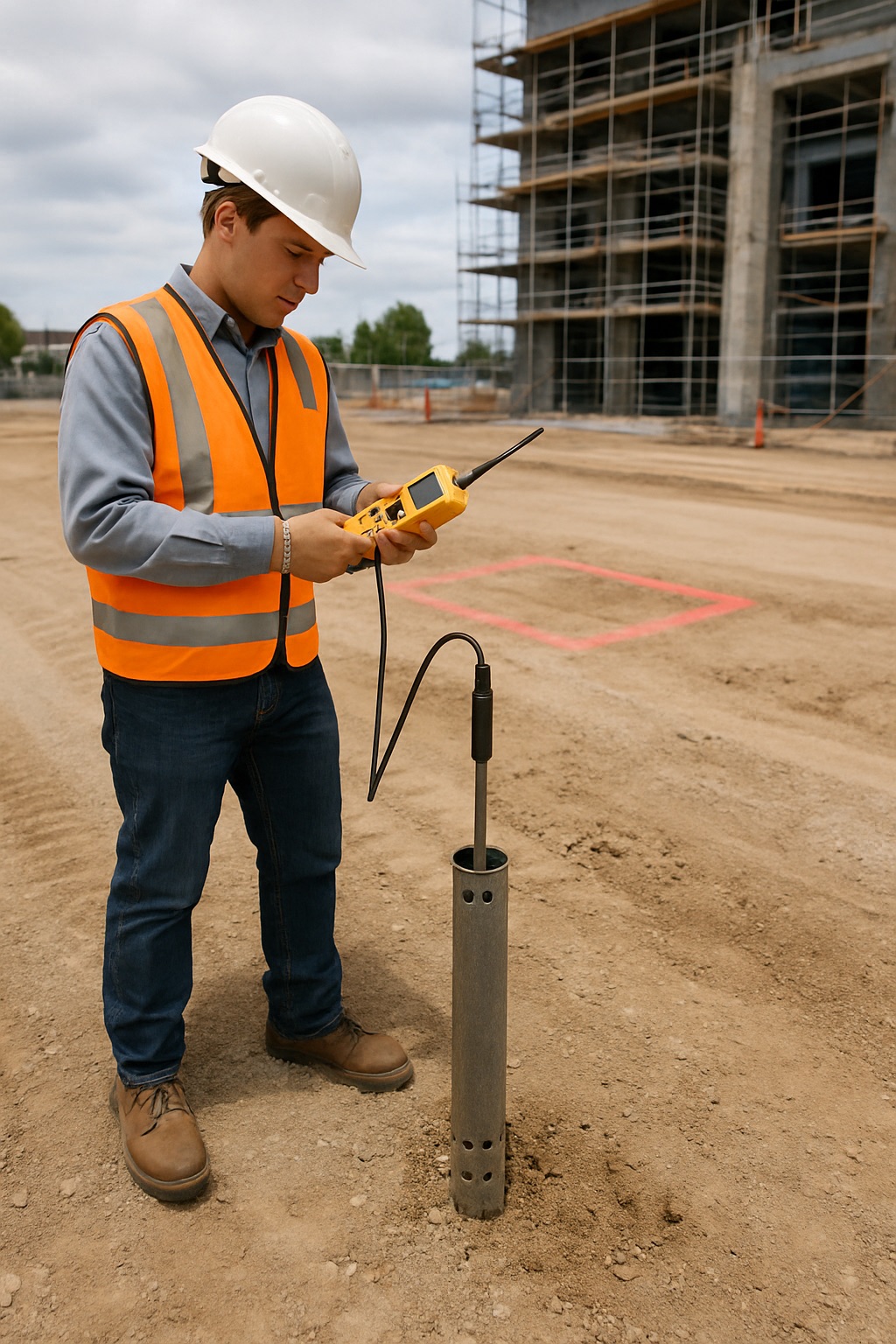 A certified inspector monitors underground gas levels in an active construction site in Los Angeles Geotechnical engineers conducting on-site soil sampling in Los Angeles County as part of a Geotechnical Report Southern California projects require for grading and foundation design.