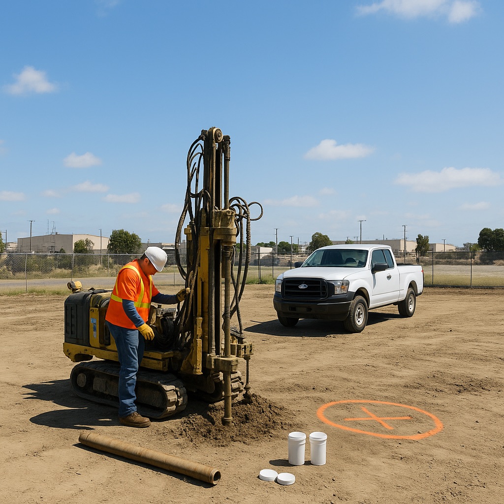 Caption 1 Geotechnical engineers conducting on-site soil sampling in Los Angeles County as part of a Geotechnical Report Southern California projects require for grading and foundation design.