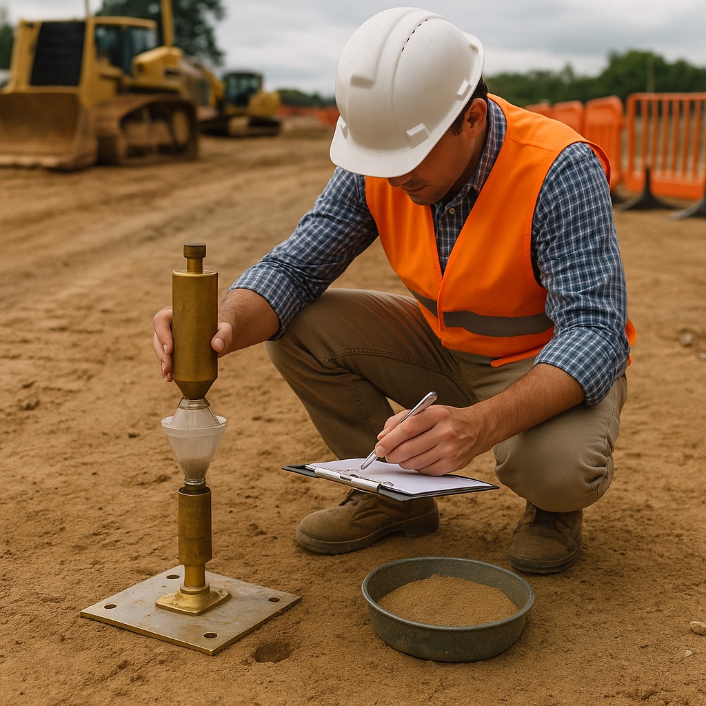 Construction worker performing a soil compaction test using the sand cone method, recording results on a clipboard at an active construction site with heavy equipment in the background. Geotechnical engineers conducting on-site soil sampling in Los Angeles County as part of a Geotechnical Report Southern California projects require for grading and foundation design.