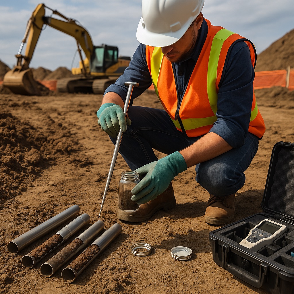 Geotechnical engineers conducting on-site soil sampling in Los Angeles County as part of a Geotechnical Report Southern California projects require for grading and foundation design.