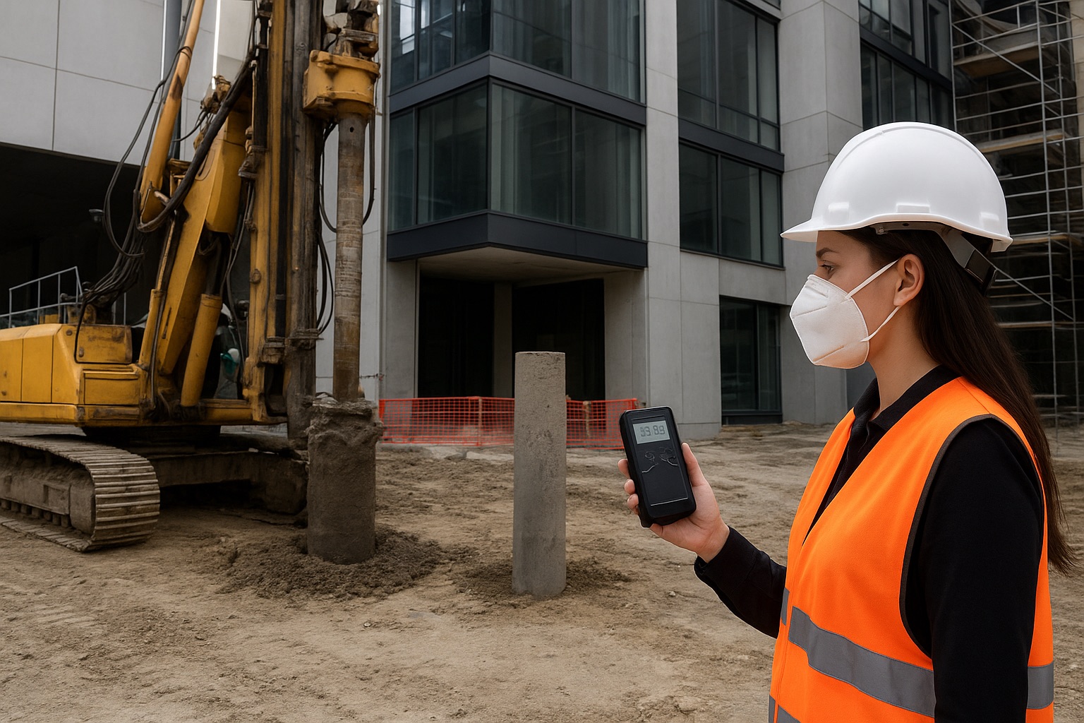 Engineer conducting real-time air quality testing at an active green building construction site. Geotechnical engineers conducting on-site soil sampling in Los Angeles County as part of a Geotechnical Report Southern California projects require for grading and foundation design.