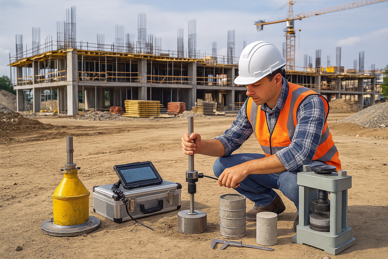 Civil engineer testing soil and concrete at Los Angeles construction site for safety compliance. Civil engineer testing soil and concrete at Los Angeles construction site for safety compliance.