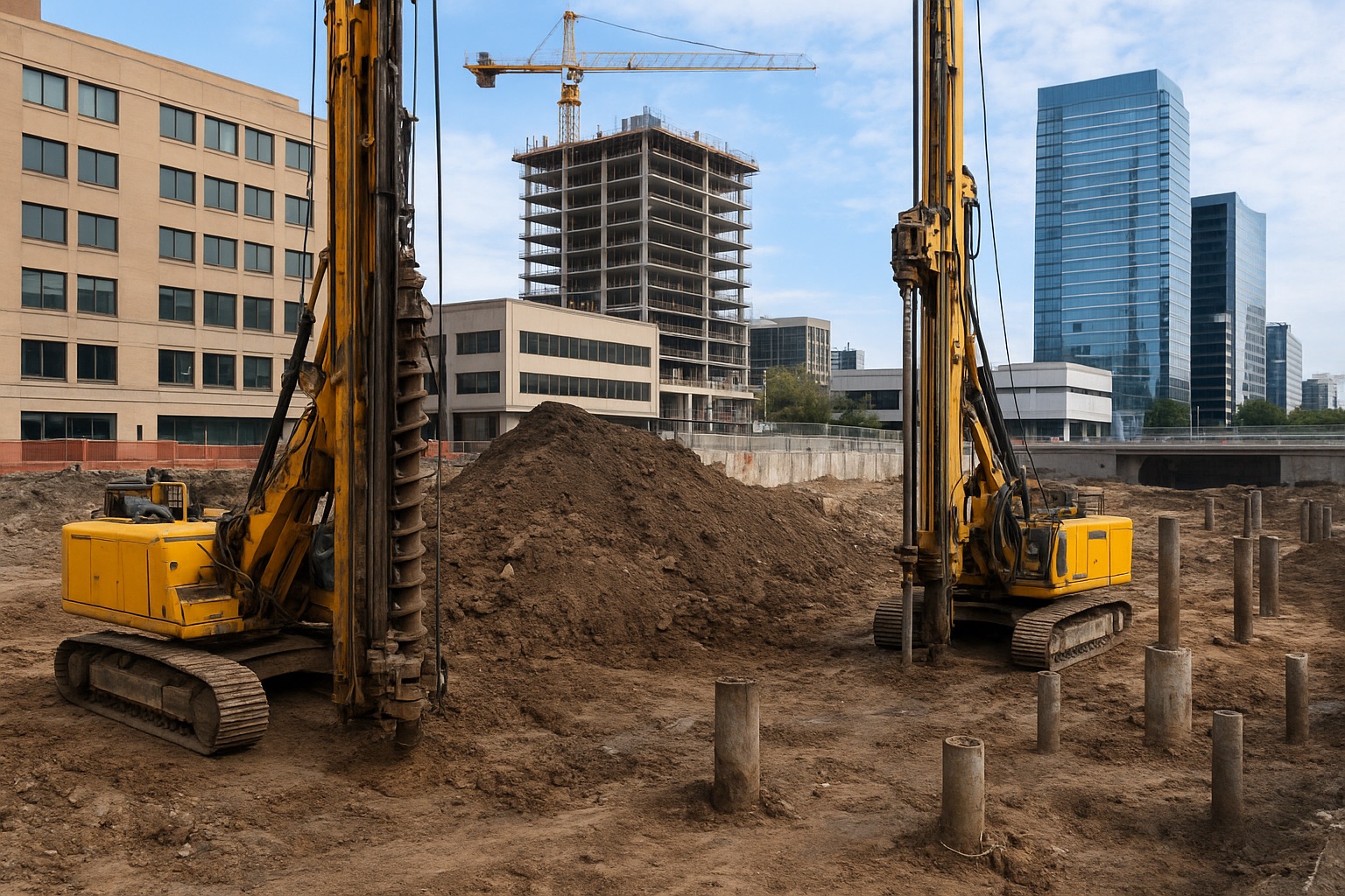 Deep soil mixing equipment operating at an urban construction site with concrete columns being installed to control liquefaction risk. Geotechnical engineers conducting on-site soil sampling in Los Angeles County as part of a Geotechnical Report Southern California projects require for grading and foundation design.