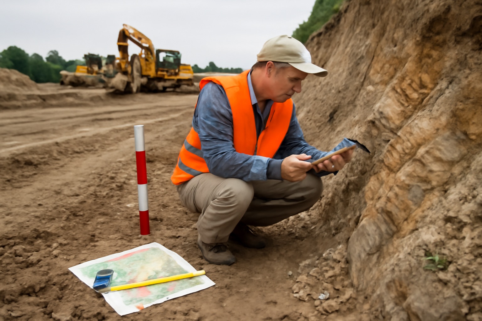 Geologist Conducting Fieldwork on Construction Site: Analyzing Sedimentary Layers with Geological Tools