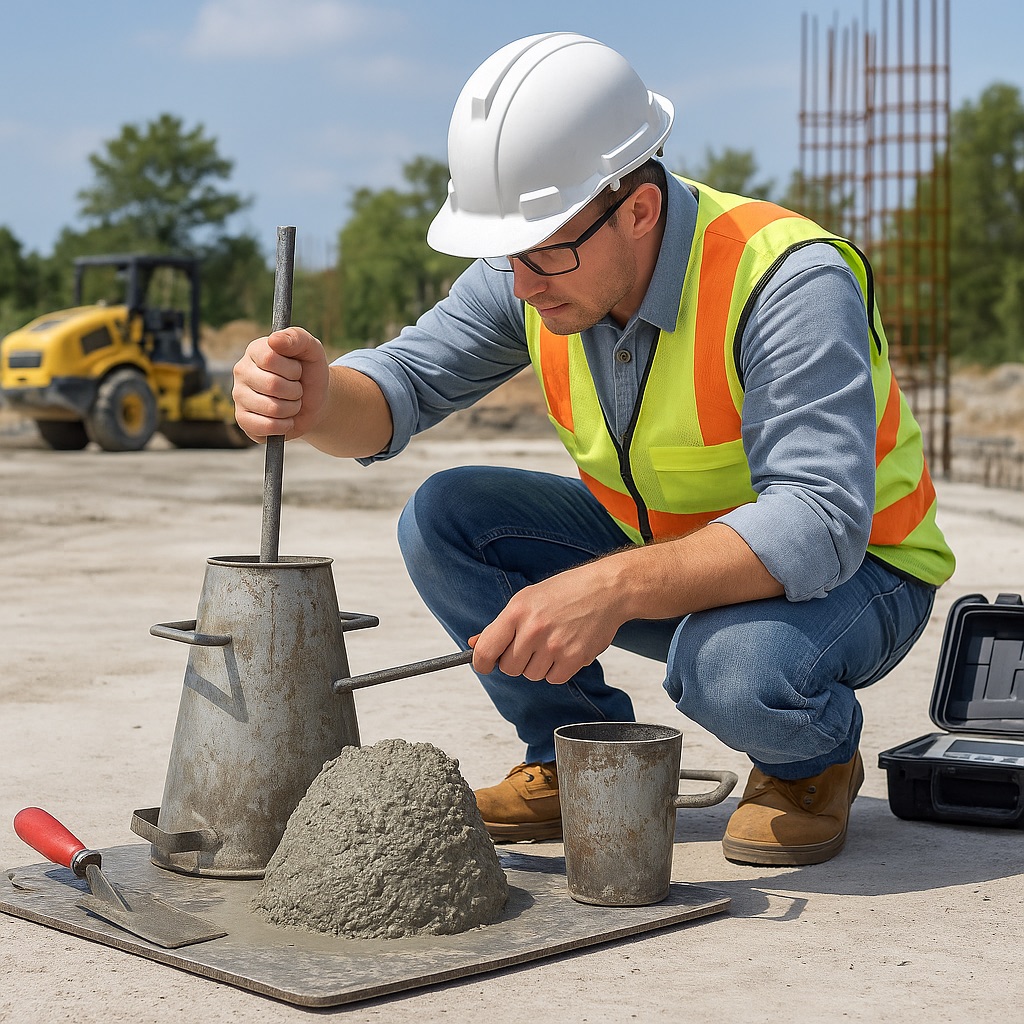 Engineer performing concrete slump test at construction site to check workability and quality compliance.