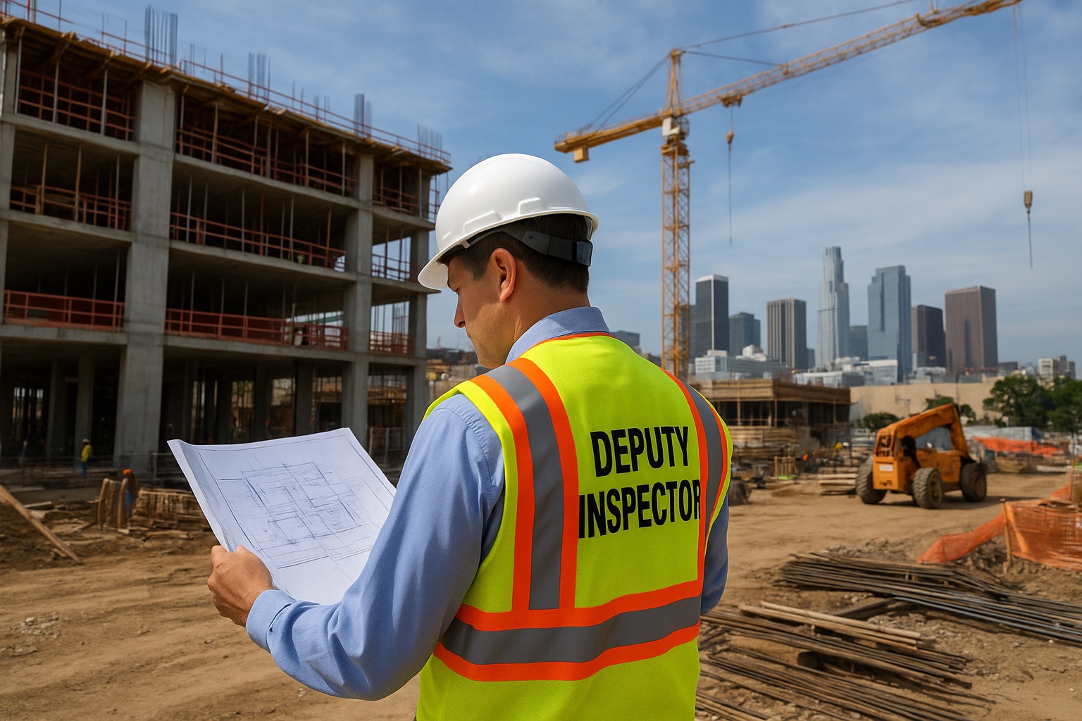 Deputy Inspector reviewing blueprints at a Los Angeles construction site to verify compliance with LADBS codes and safety standards. Geotechnical engineers conducting on-site soil sampling in Los Angeles County as part of a Geotechnical Report Southern California projects require for grading and foundation design.