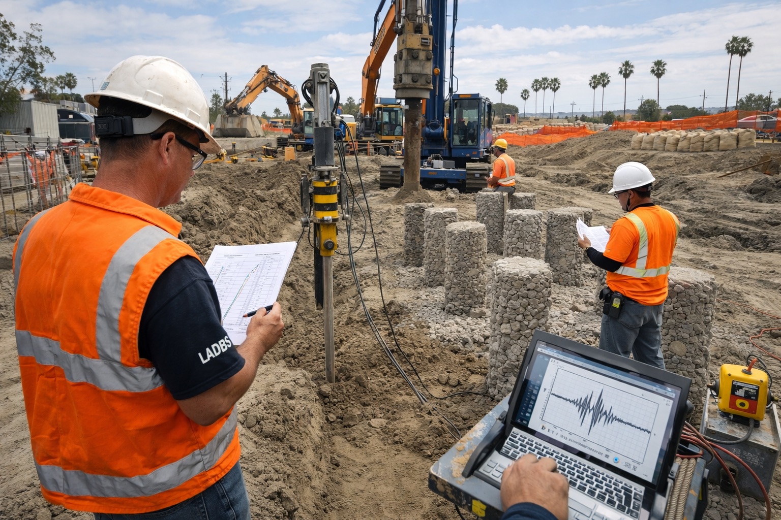 Caption 1 Geotechnical engineers conducting on-site soil sampling in Los Angeles County as part of a Geotechnical Report Southern California projects require for grading and foundation design.