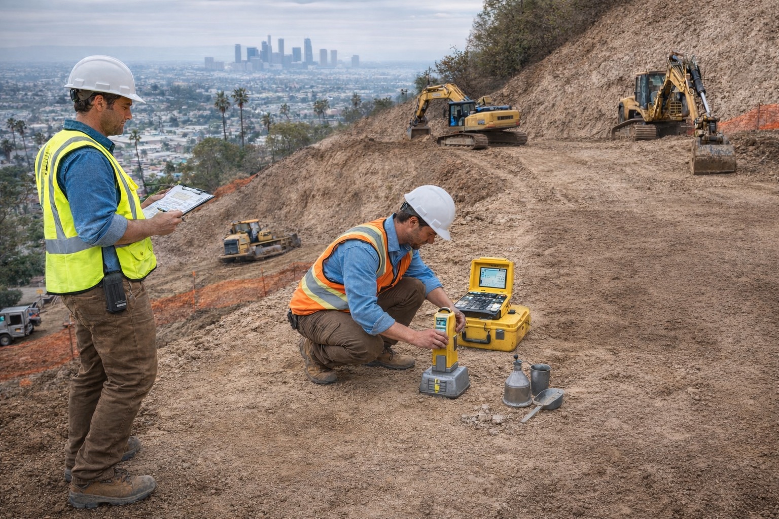Caption 1 Geotechnical engineers conducting on-site soil sampling in Los Angeles County as part of a Geotechnical Report Southern California projects require for grading and foundation design.