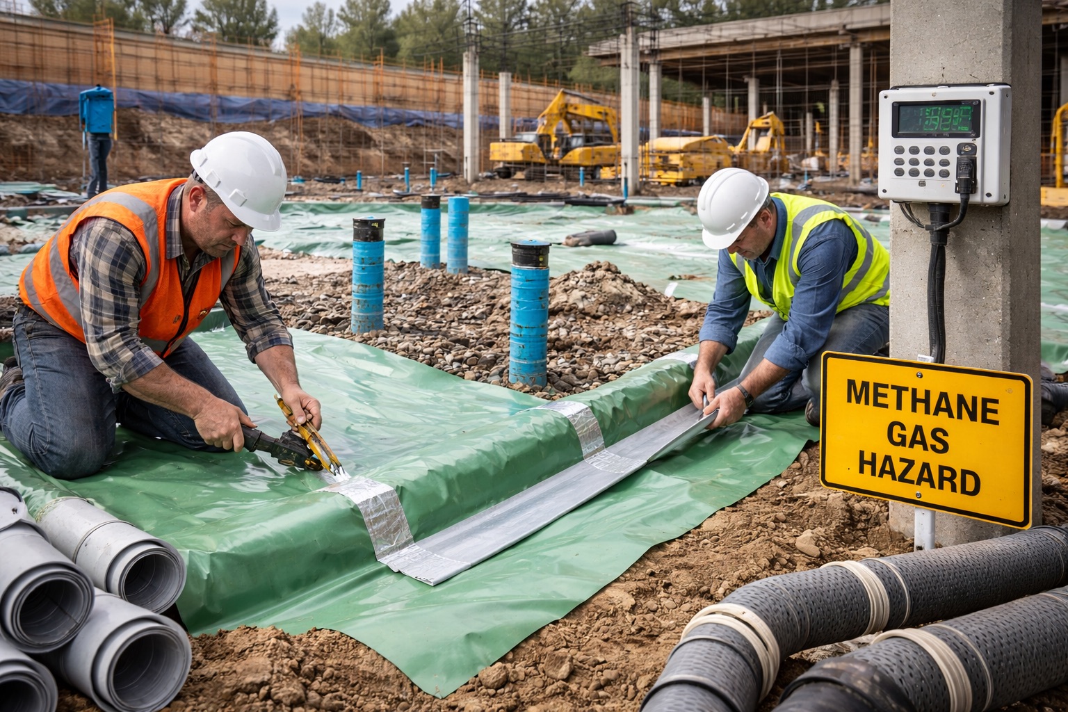 Construction workers installing methane mitigation systems at a California site, following LADBS and LA County methane safety standards. Geotechnical engineers conducting on-site soil sampling in Los Angeles County as part of a Geotechnical Report Southern California projects require for grading and foundation design.