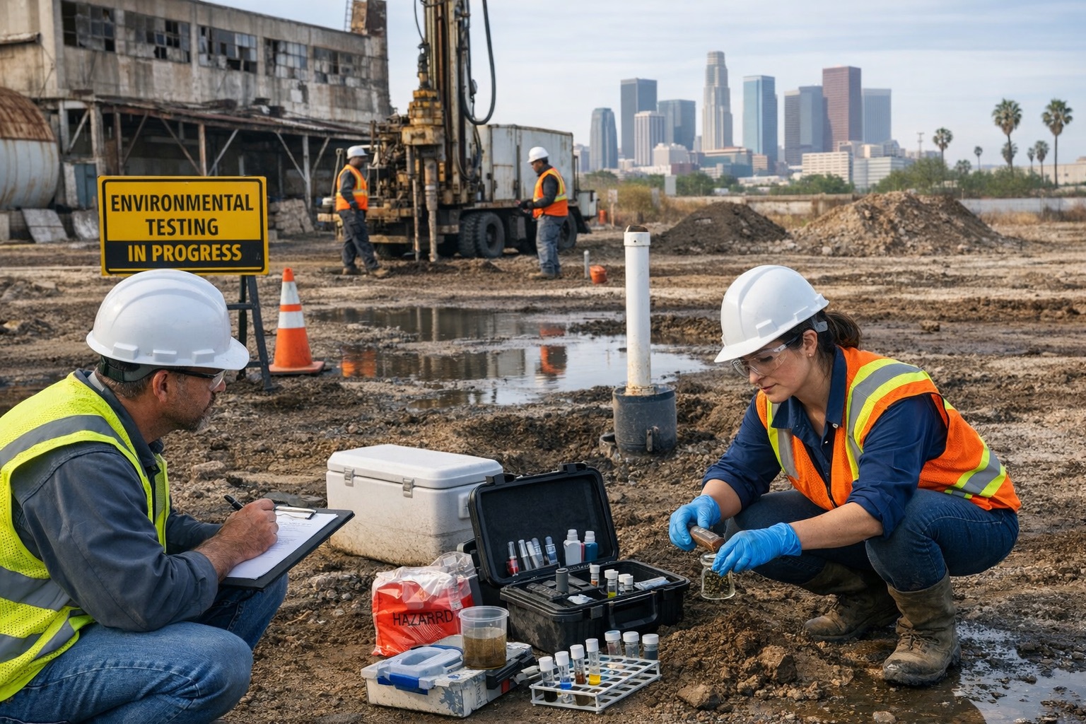 Geotechnical engineers conducting on-site soil sampling in Los Angeles County as part of a Geotechnical Report Southern California projects require for grading and foundation design.