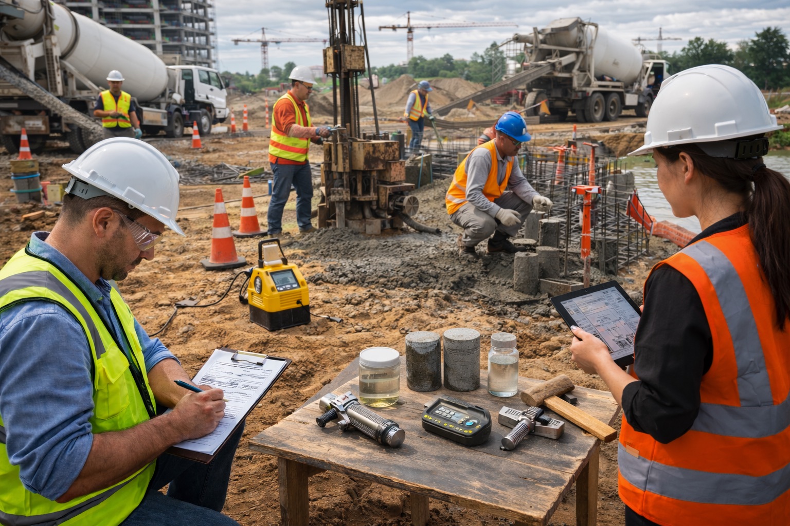 Caption 1 End-to-end construction inspection and materials testing in progress, including soil drilling, concrete compressive strength testing, welding inspection, and on-site quality control at an active construction project.