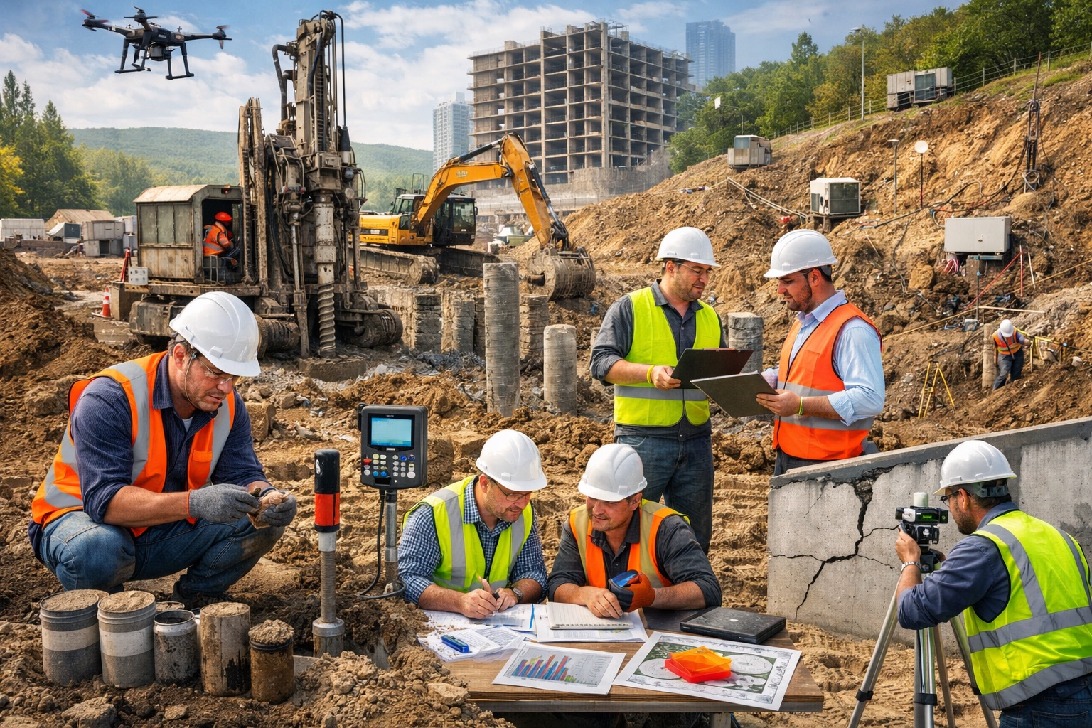 Geotechnical engineers conducting soil investigation, borehole drilling, and foundation inspection at a real-time construction site to ensure safe and compliant building design.