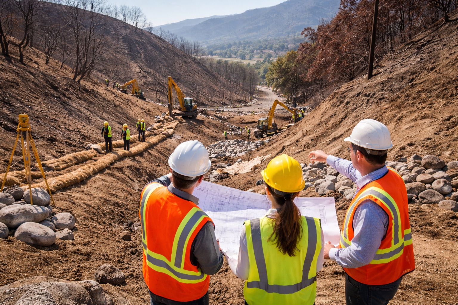 Engineers assessing burn scar terrain and installing erosion control measures on a wildfire-affected hillside in Los Angeles to ensure safe post-wildfire construction and slope stability