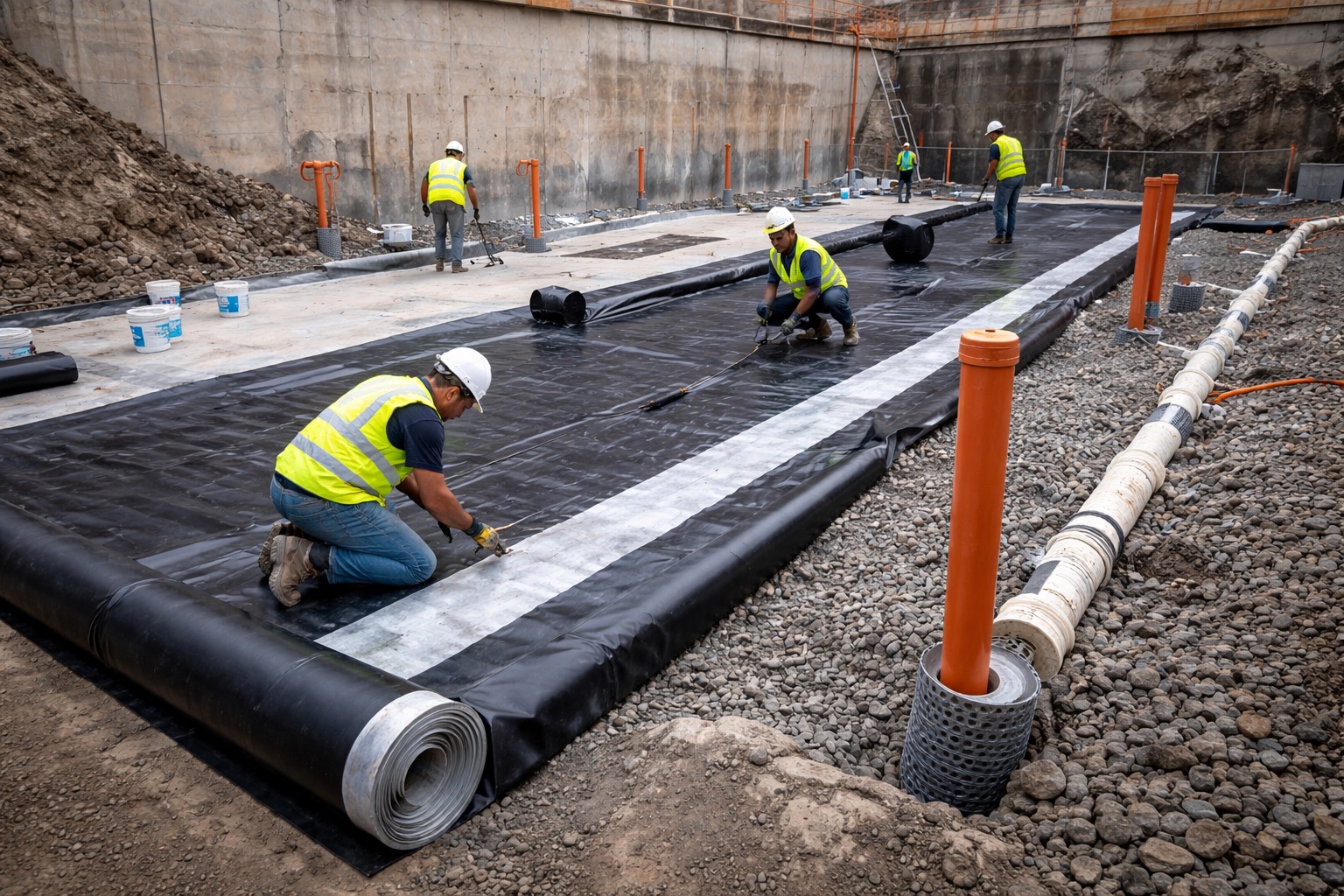 Construction of a reinforced concrete retaining wall with drainage system installation on a hillside site to ensure slope stability and prevent soil erosion in urban development projects.