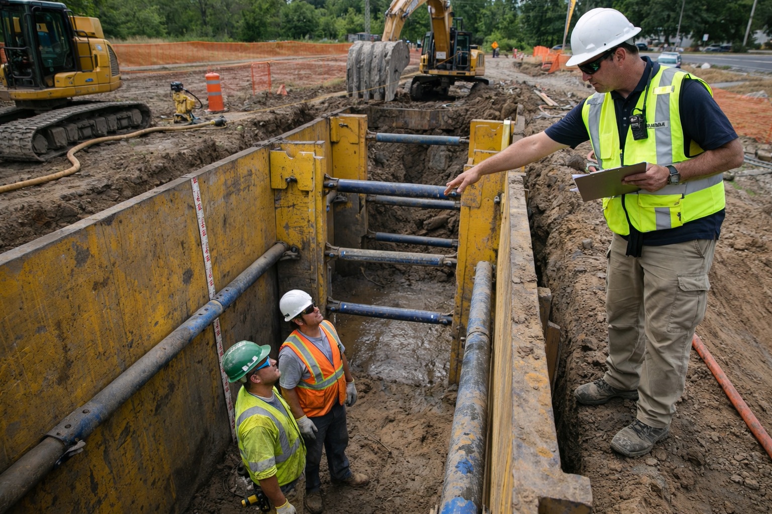 Construction of a reinforced concrete retaining wall with drainage system installation on a hillside site to ensure slope stability and prevent soil erosion in urban development projects.