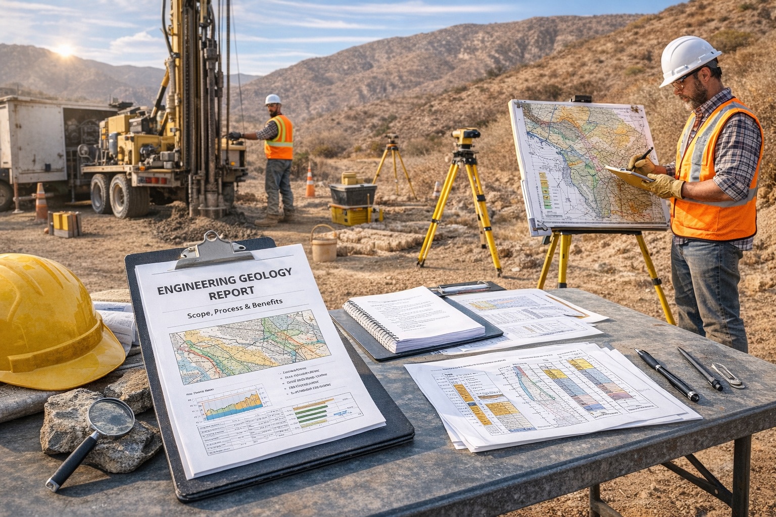 Engineering geologist conducting site investigation and borehole drilling for an Engineering Geology Report in Southern California, analyzing soil layers, seismic hazards, slope stability, and subsurface conditions for safe foundation design and regulatory approval.