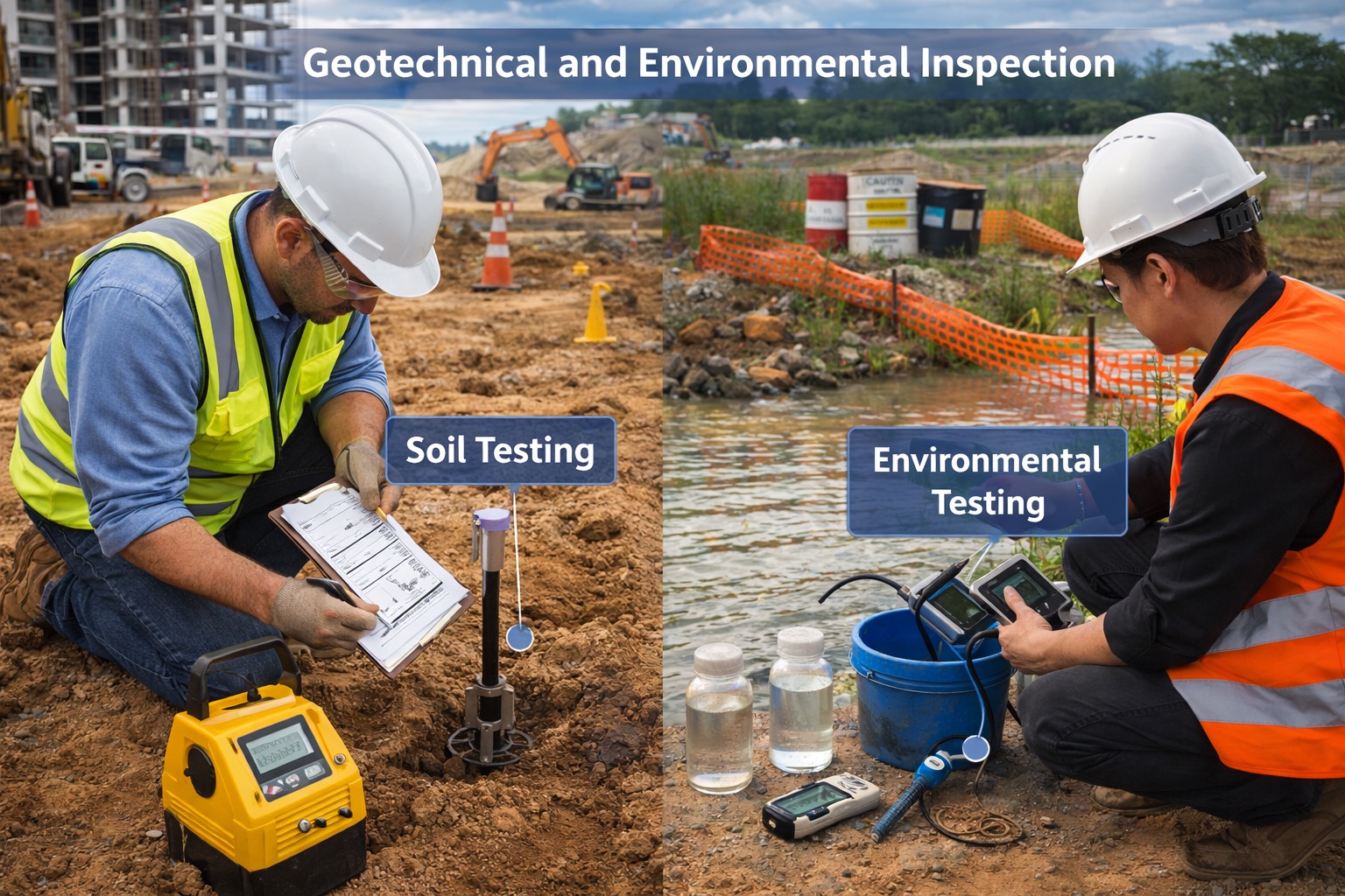 Caption 2 Soil testing and environmental monitoring in progress at an active Los Angeles construction site, ensuring geotechnical stability, groundwater safety, and full regulatory compliance for urban development projects.