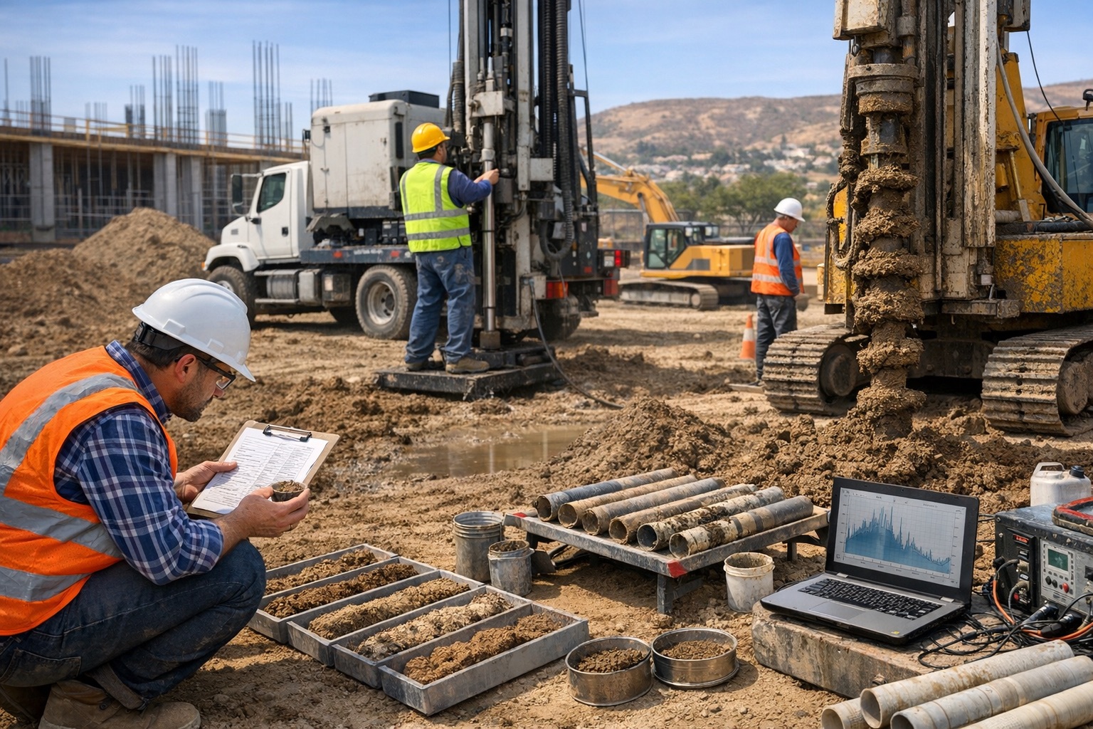 Geotechnical engineers conducting on-site soil sampling in Los Angeles County as part of a Geotechnical Report Southern California projects require for grading and foundation design.