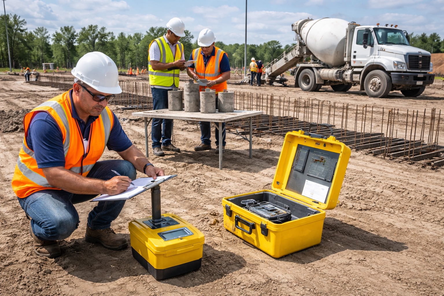 On-site ASTM materials testing in progress, featuring soil compaction checks, concrete sample evaluation, and field quality control to ensure strong and compliant construction foundations.
