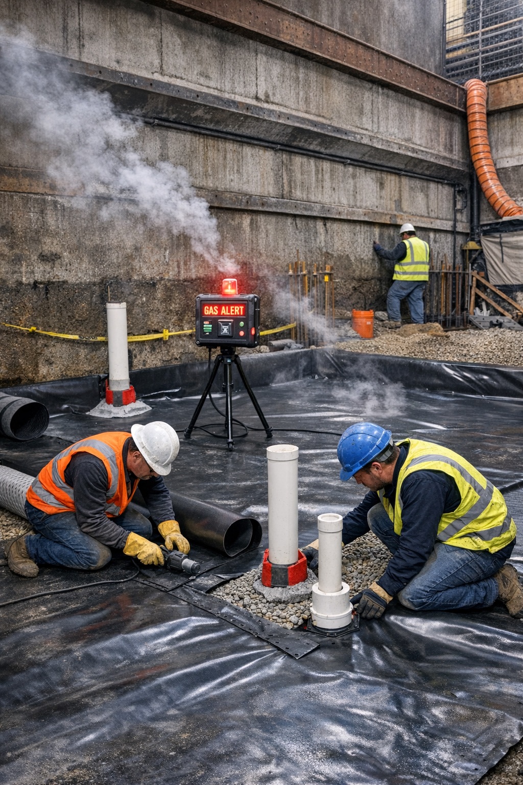 Subsurface waterproofing installation at a below-grade construction site showing HDPE gas barrier membrane, methane vent pipes, and foundation drainage system for moisture and vapor control.