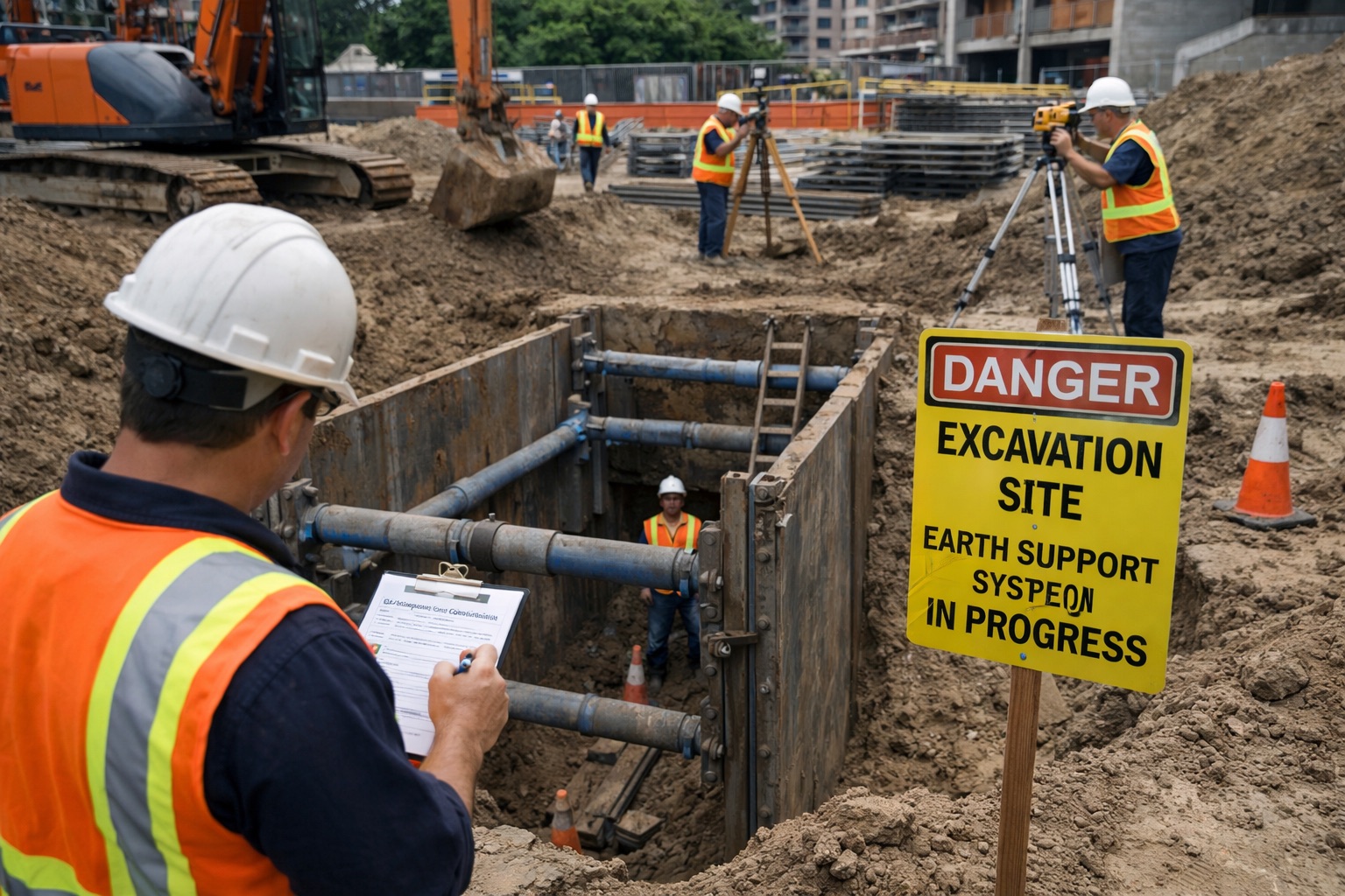Excavation safety inspection showing trench protection systems and earth support structures ensuring compliance with construction excavation safety requirements.