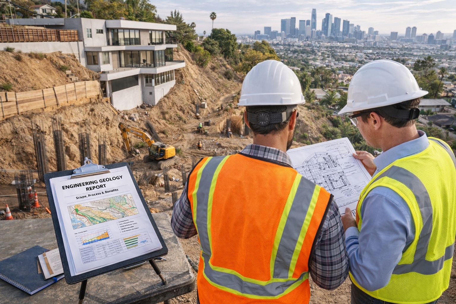 Geotechnical engineers conducting on-site soil sampling in Los Angeles County as part of a Geotechnical Report Southern California projects require for grading and foundation design.