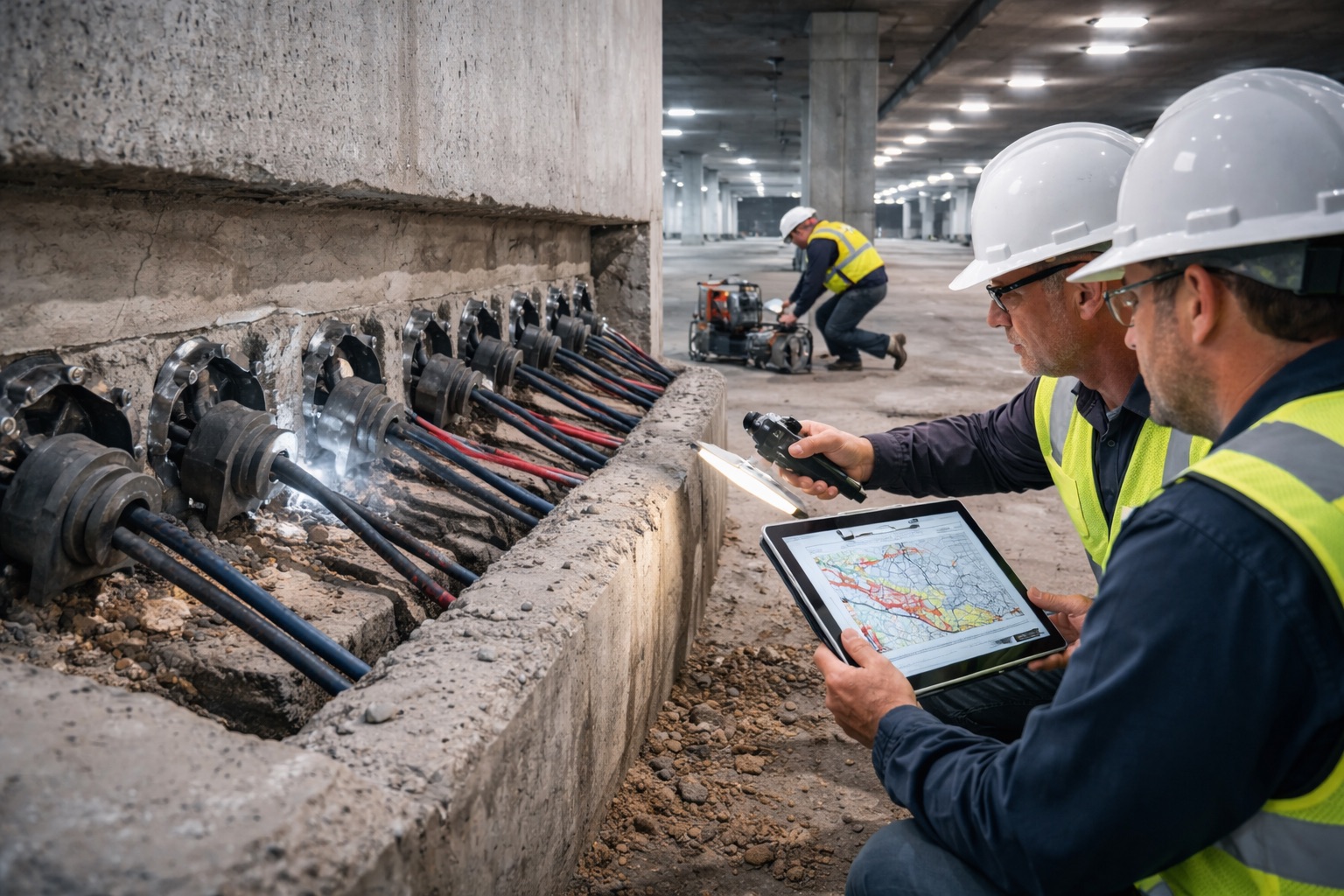 Caption 1 Engineers performing pre-stressed and post-tensioned concrete inspection using GPR scanning and visual checks at a parking structure, evaluating tendon anchorages, slab condition, and structural performance for construction quality and safety.