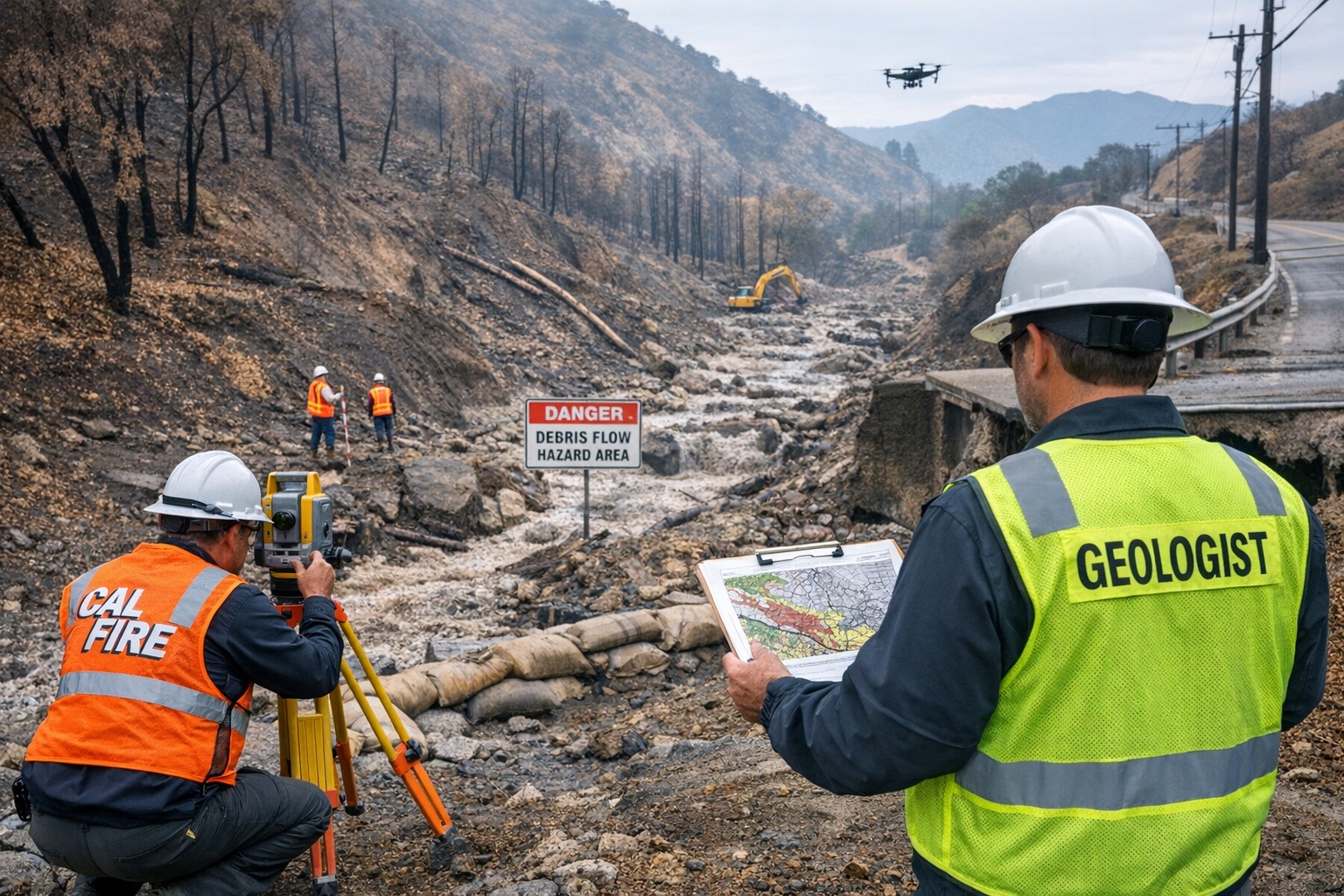 Engineers conducting debris flow risk assessment in a post-wildfire burn scar area in California, evaluating slope instability, runoff channels, and potential mudflow hazards to protect nearby roads and infrastructure.