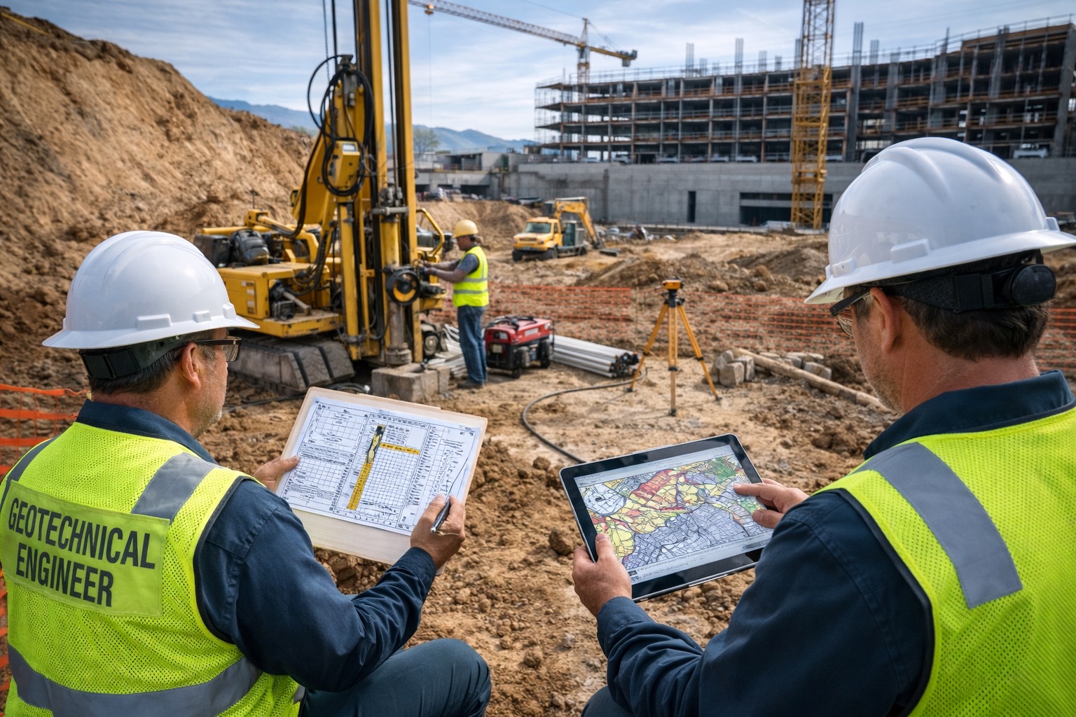Geotechnical engineers conducting soil testing and borehole drilling at an active construction site, analyzing subsurface conditions, reviewing logs, and performing site evaluation for safe foundation design and construction planning