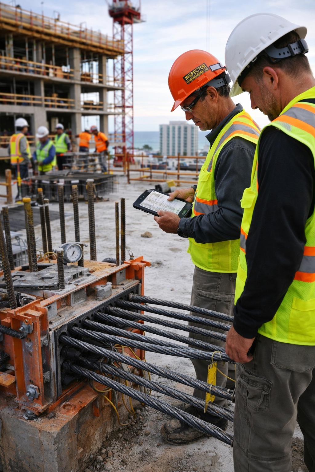 Engineers conducting post-wildfire debris flow risk assessment in California, analyzing burned slopes, soil instability, and runoff channels to protect infrastructure and nearby communities from potential mudflow hazards