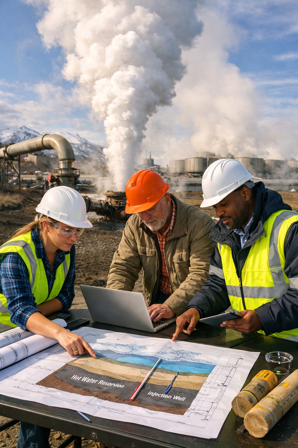Geotechnical engineers conducting real-time slope stability analysis on-site, reviewing soil layers and grading design to ensure safe hillside construction and prevent slope failure.
