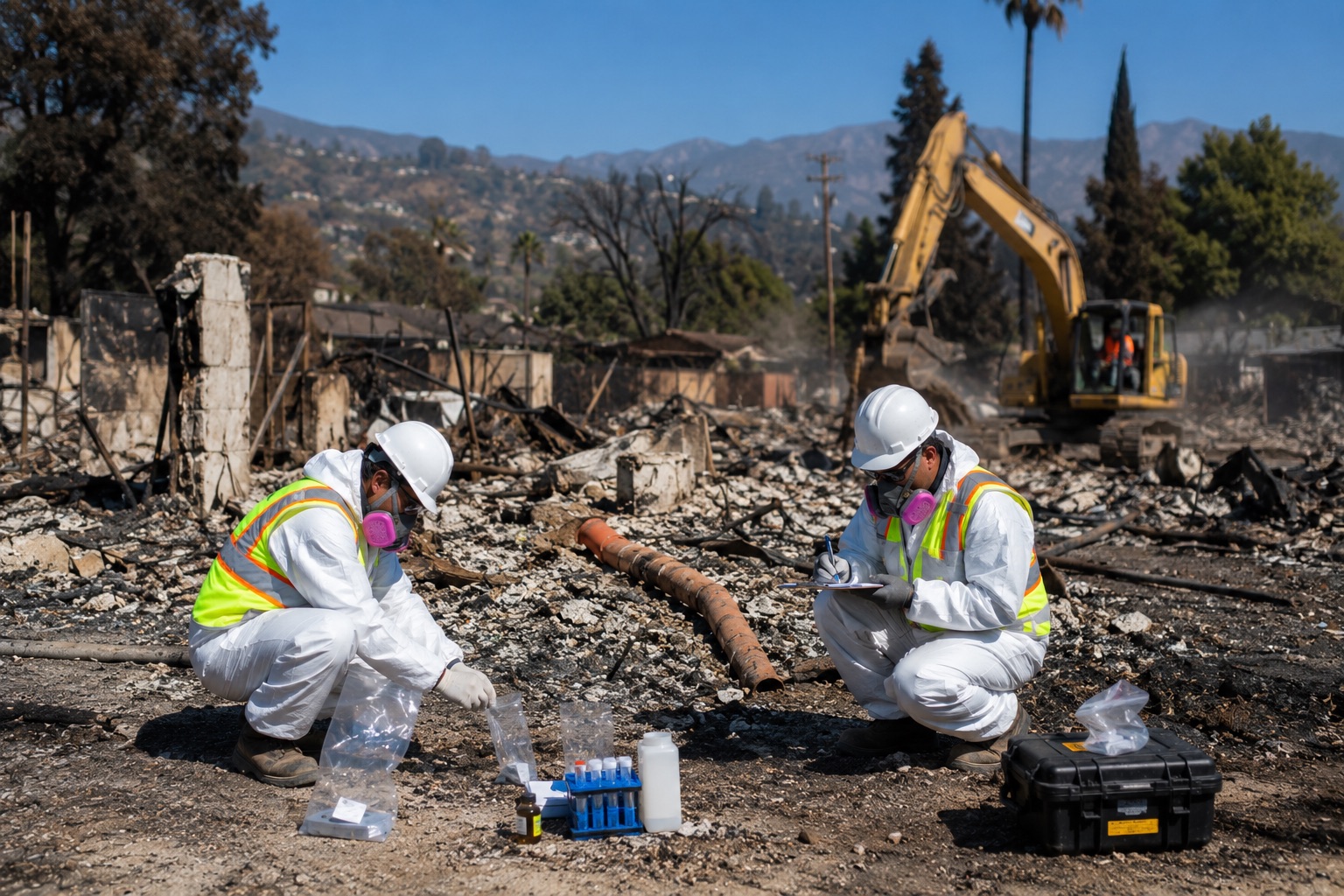 Environmental remediation crews collecting soil samples and removing wildfire debris to support methane mitigation and safe post-fire rebuilding.
