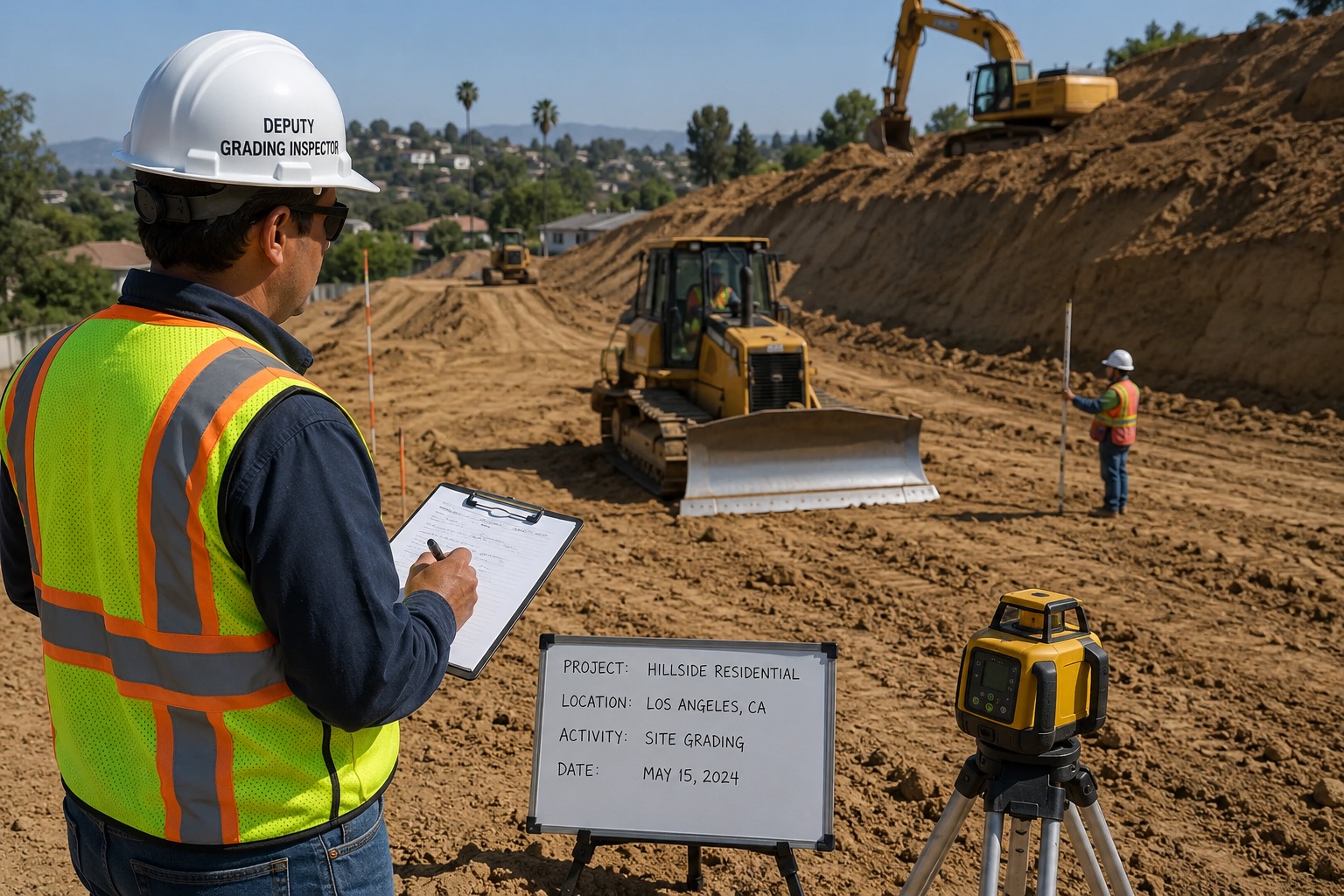 Deputy Grading Inspector conducting soil inspection and site grading observation to ensure proper excavation, compaction, and construction quality control.