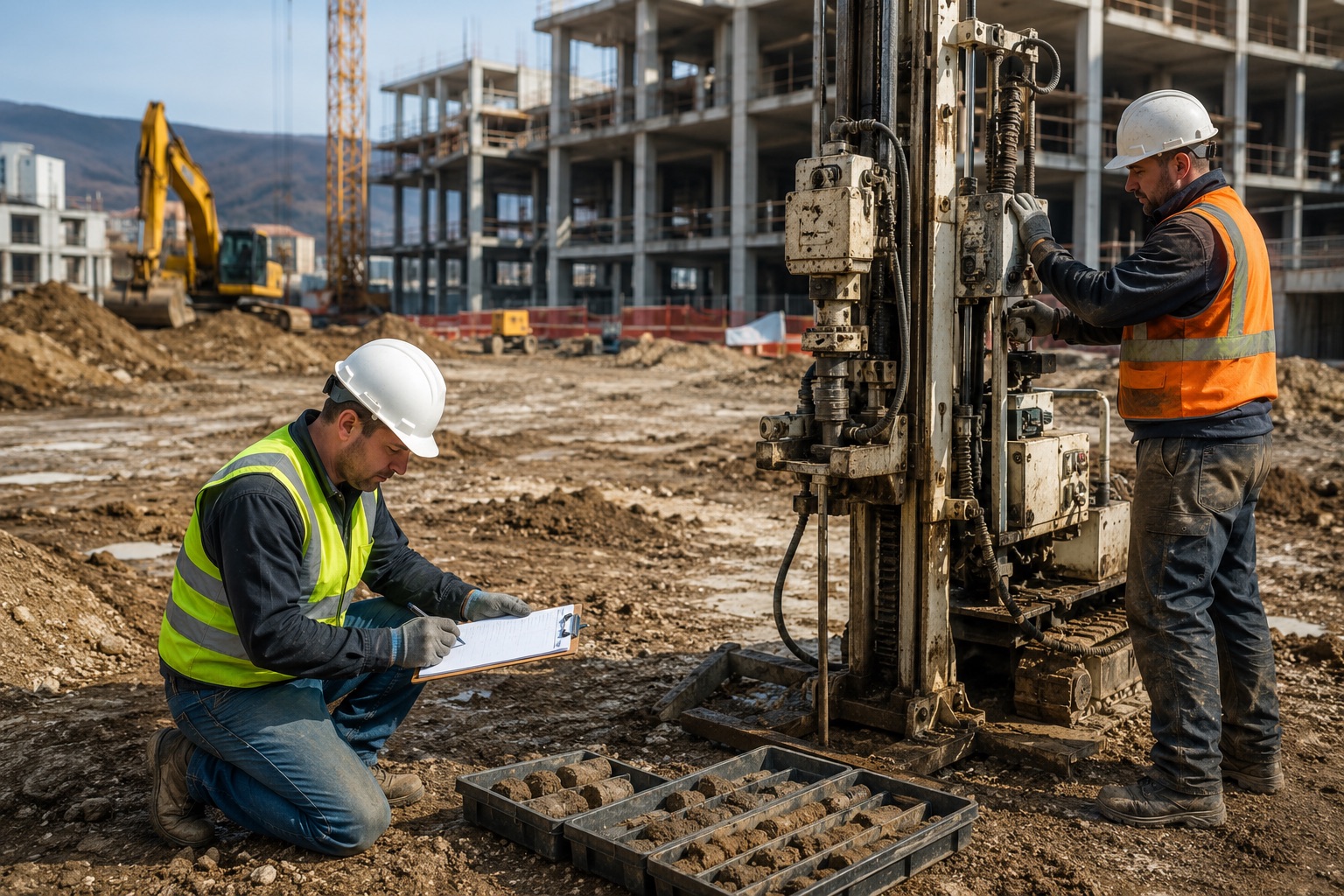 Geotechnical engineers conducting soil sampling and borehole drilling at a commercial construction site during a project feasibility study.