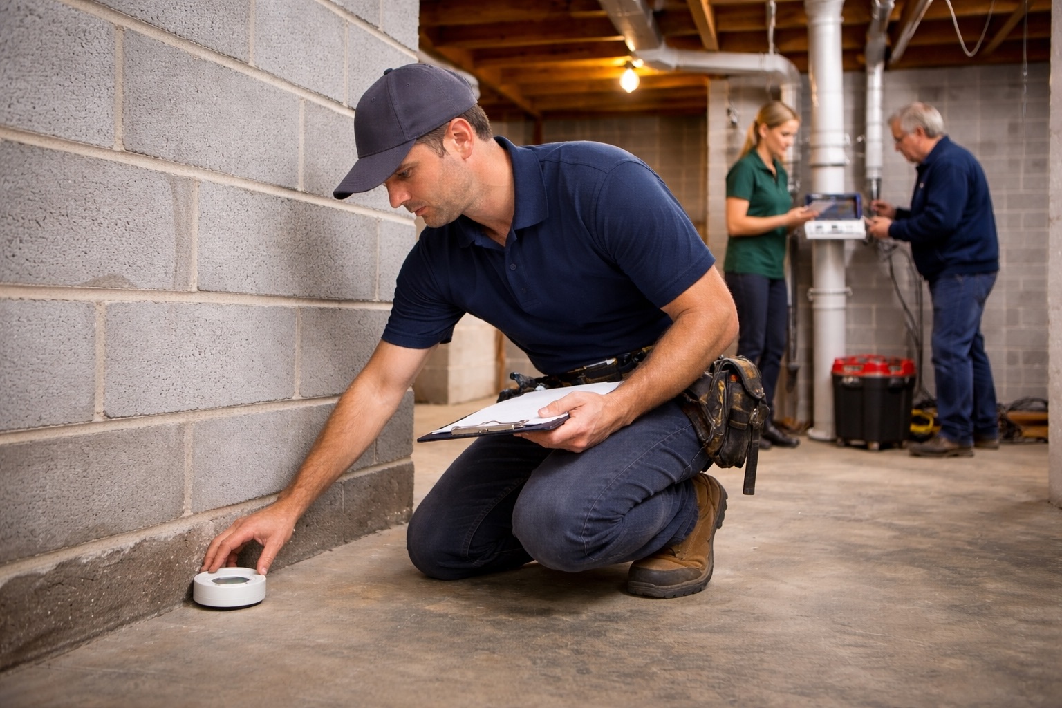 Professional radon testing in a basement with technician placing a radon detector on concrete floor to measure indoor radon gas levels and assess building air quality.