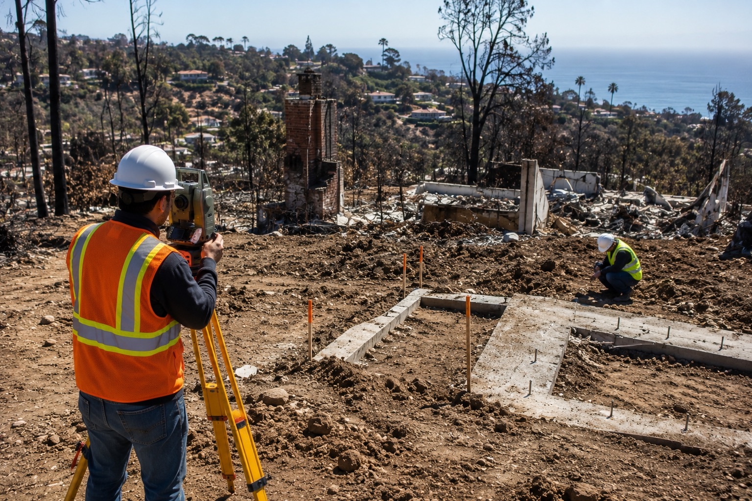 Surveyors and geotechnical engineers assessing a wildfire-damaged hillside property in Pacific Palisades to support post-fire rebuilding, foundation design, and permitting requirements. Geotechnical engineers conducting on-site soil sampling in Los Angeles County as part of a Geotechnical Report Southern California projects require for grading and foundation design.