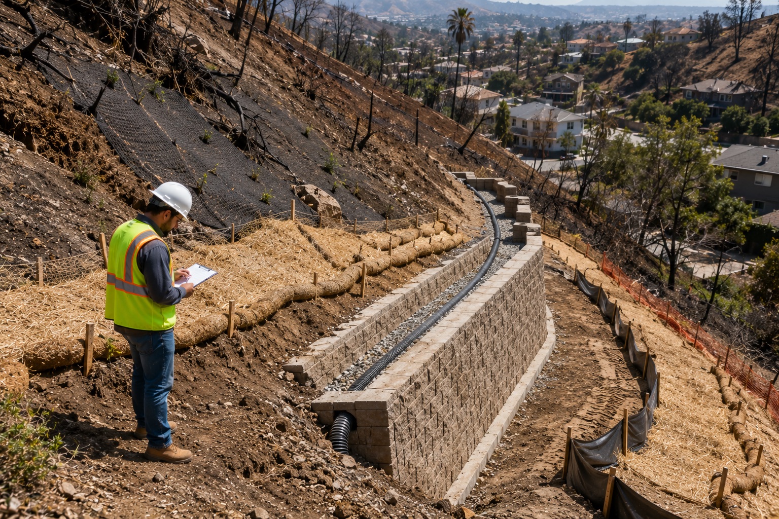 Caption 1 Post-wildfire hillside stabilization featuring engineered retaining walls, erosion control blankets, drainage improvements, and slope protection to reduce erosion and support safe rebuilding after the Palisades and Eaton fires.