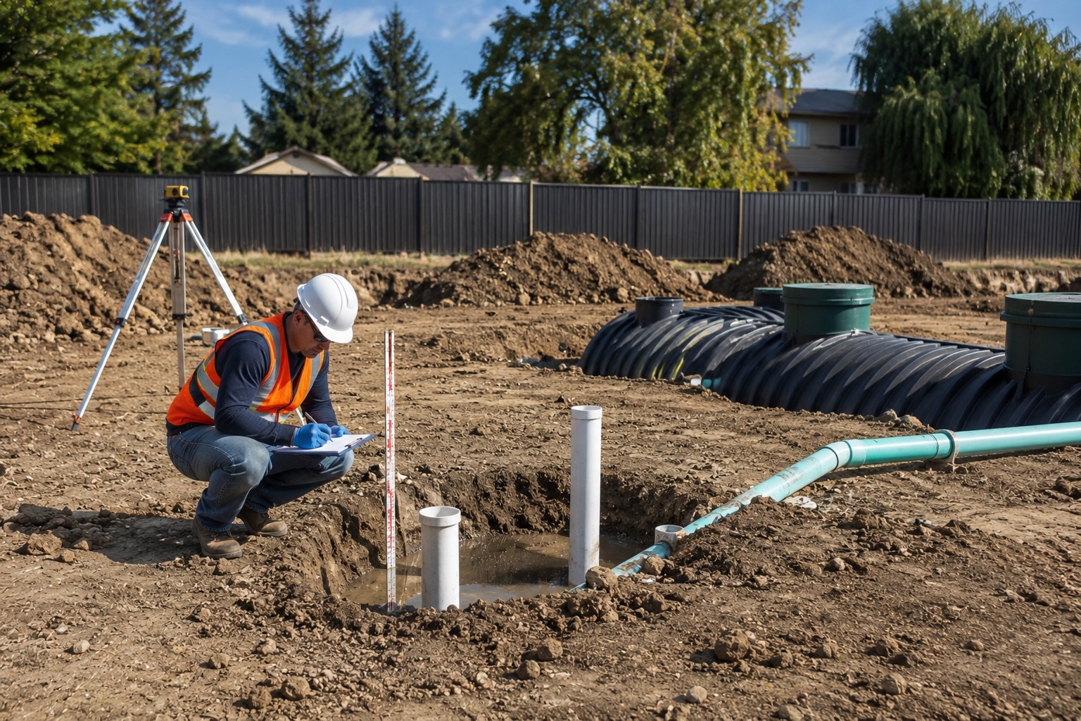 Caption 2 Worker inspecting a concrete seepage pit installation during soil percolation testing and septic system construction in Los Angeles County, California.