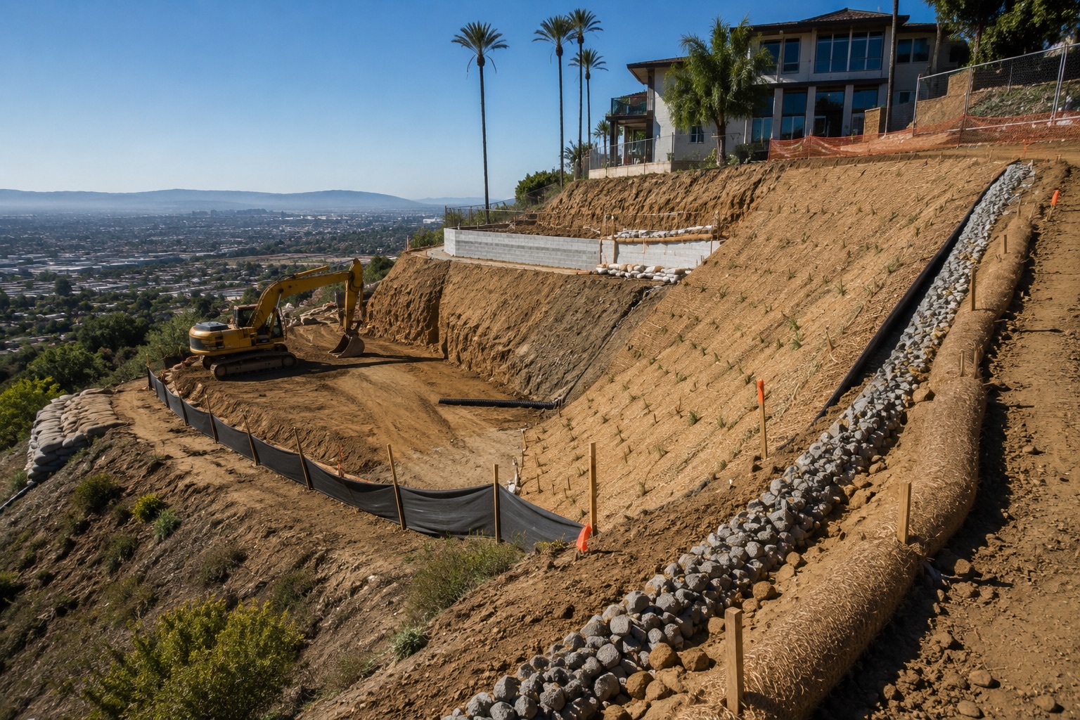 Engineered hillside grading project in Southern California featuring erosion control systems, sediment barriers, slope stabilization, and stormwater drainage to protect against soil erosion and runoff.
