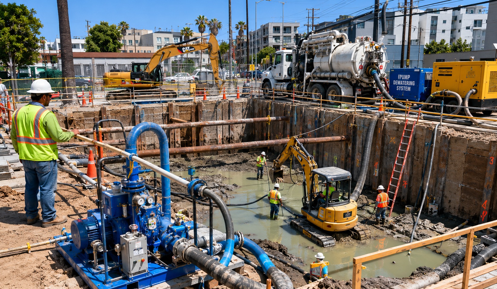 Caption 1 Engineered dewatering system in operation at a Los Angeles construction site, featuring deep excavation support, wellpoint pumping equipment, groundwater control, excavation bracing, and geotechnical monitoring for safe below-grade foundation construction.