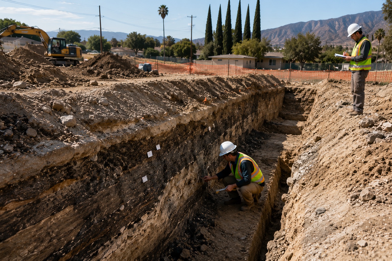 Caption 1 Geotechnical engineers conducting on-site soil sampling in Los Angeles County as part of a Geotechnical Report Southern California projects require for grading and foundation design.