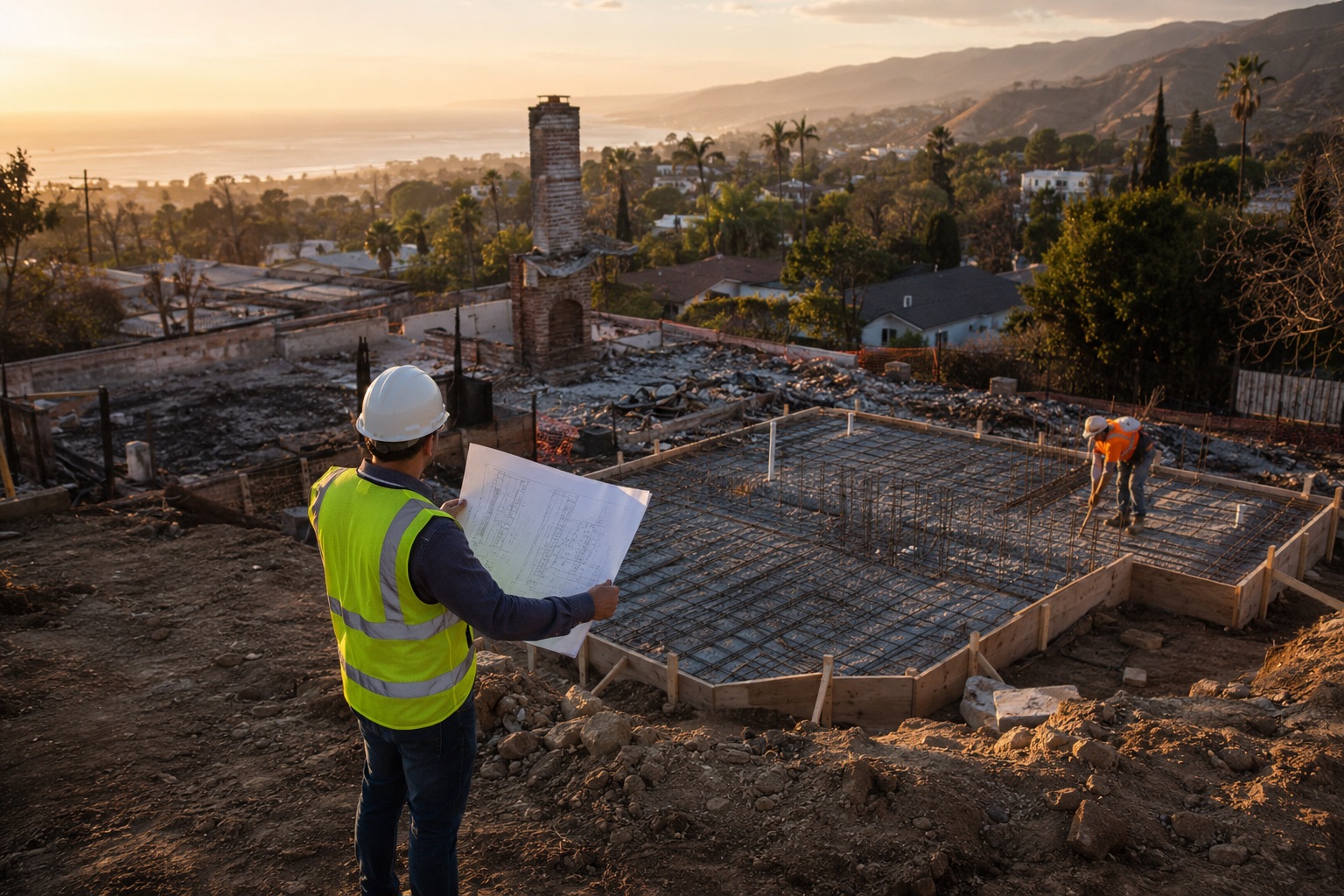 Post-fire home reconstruction in Los Angeles as engineers inspect a wildfire-damaged site, review building plans, and prepare a new residential foundation for a code-compliant rebuild under California's fire-resilient construction standards.