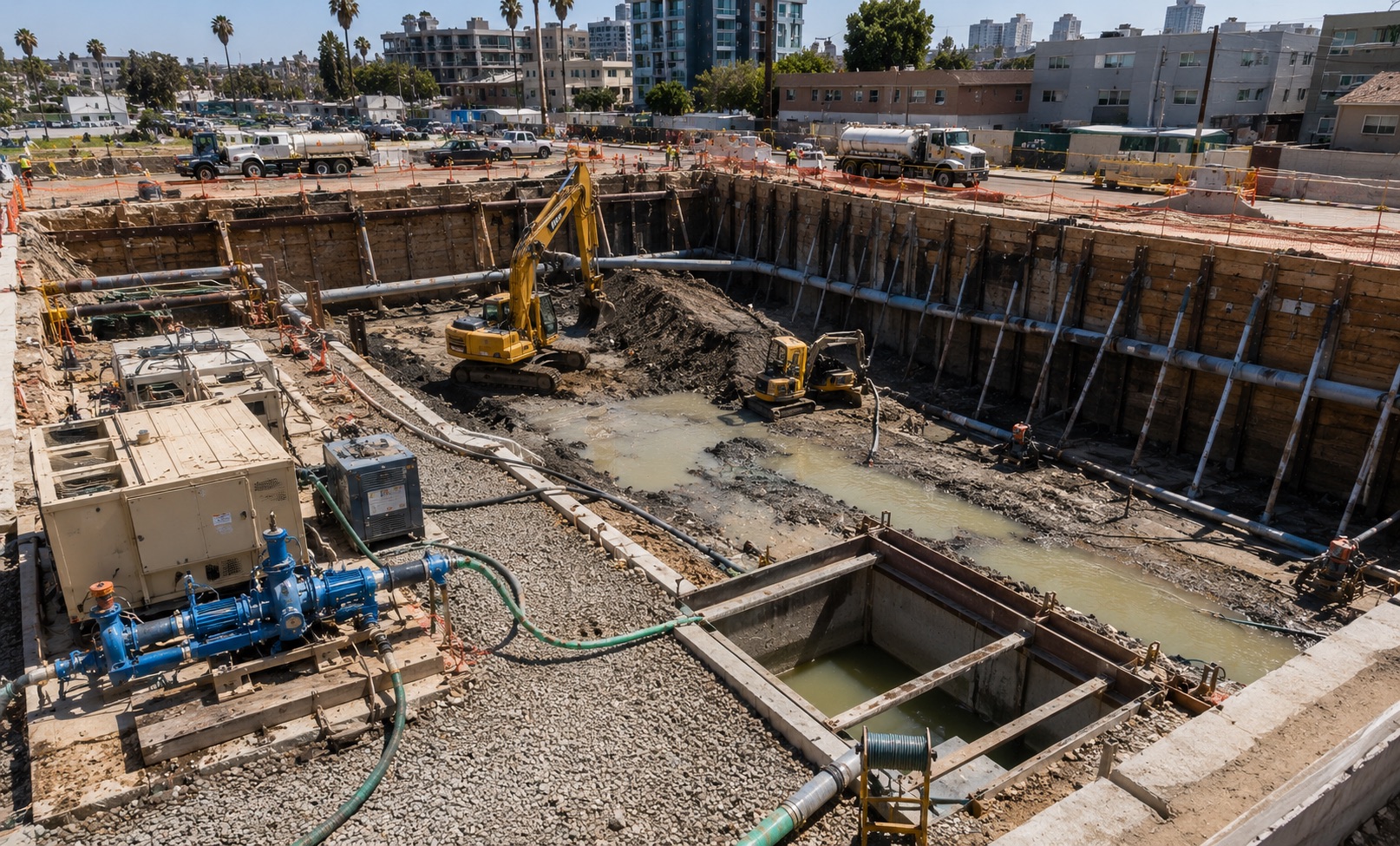 Large-scale groundwater dewatering system supporting a deep excavation in Los Angeles, featuring engineered shoring, industrial pumps, drainage infrastructure, and geotechnical site preparation for safe basement and foundation construction.