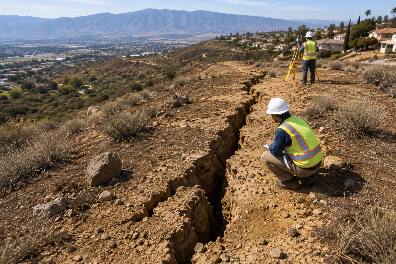 Engineering geologists conducting an active fault investigation along a California hillside, using land surveying and geologic mapping to evaluate surface fault rupture hazards and ensure Alquist-Priolo Act compliance before residential development.