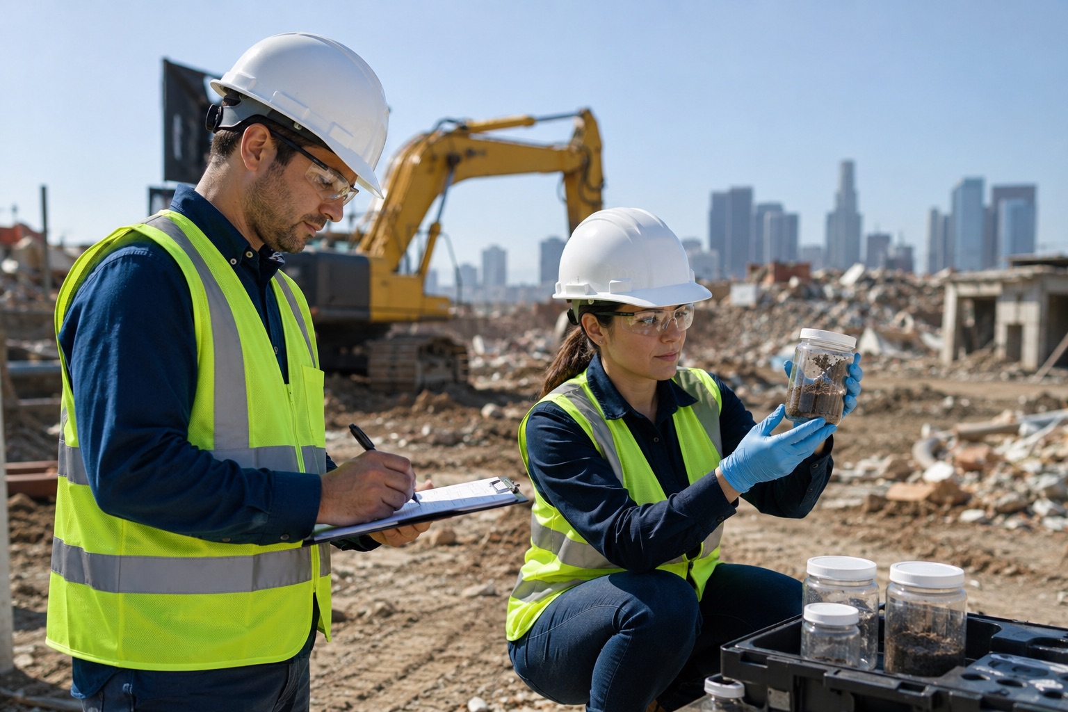 Environmental consultants performing field inspections and soil sampling at an active construction site to ensure regulatory compliance, environmental due diligence, and sustainable project development in Los Angeles.
