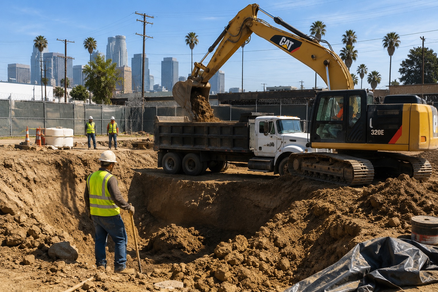 Remedial excavation crew removing contaminated soil from an urban construction site in Los Angeles, supporting environmental remediation, hazardous soil disposal, and site preparation for safe redevelopment.