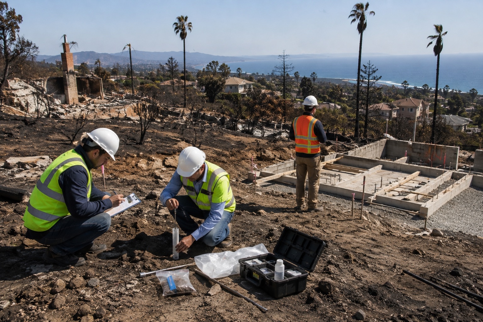 Caption 1 Field engineer performing ASTM G57 soil resistivity testing at an active construction site to evaluate corrosive soil conditions and protect buried pipelines, reinforced concrete foundations, and underground infrastructure from long-term corrosion damage.