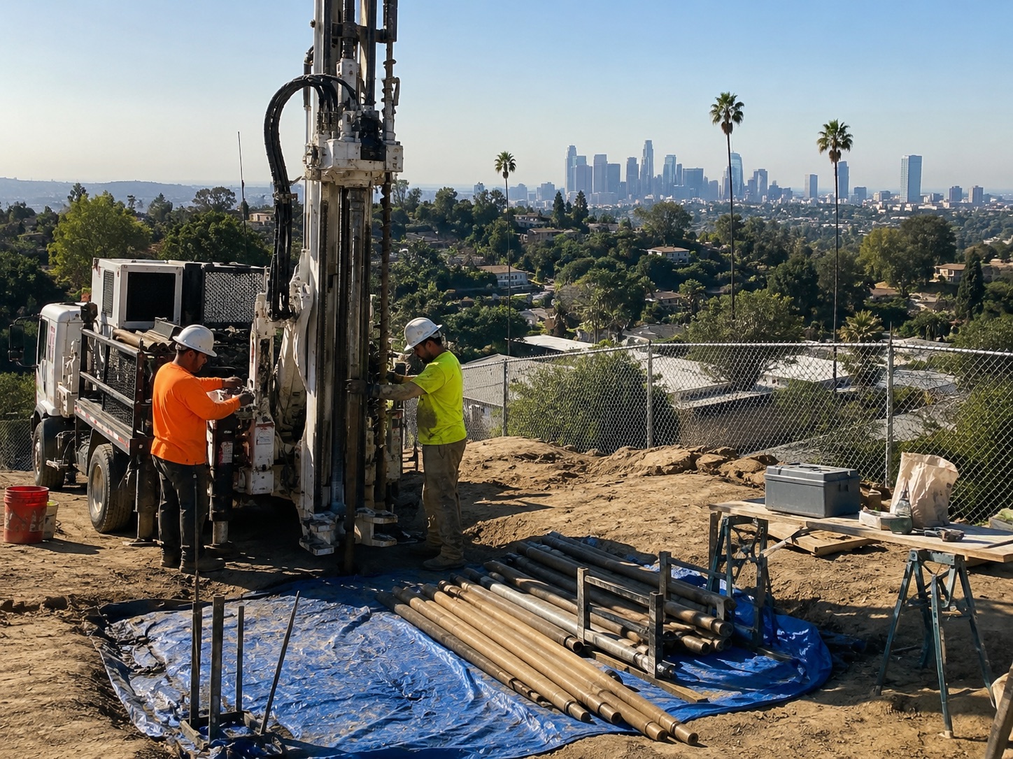 Caption 1 Field engineer performing ASTM G57 soil resistivity testing at an active construction site to evaluate corrosive soil conditions and protect buried pipelines, reinforced concrete foundations, and underground infrastructure from long-term corrosion damage.