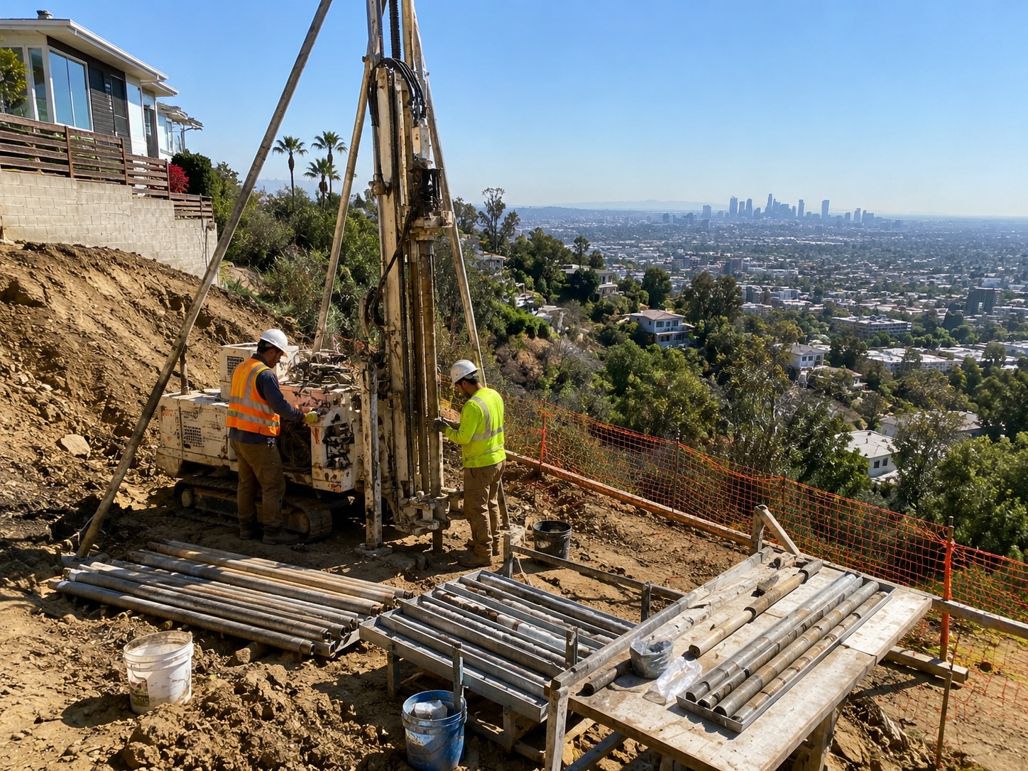 Limited-access geotechnical drilling rig performing soil boring and subsurface exploration on a Los Angeles hillside construction site to support foundation engineering, slope stability analysis, and safe project development