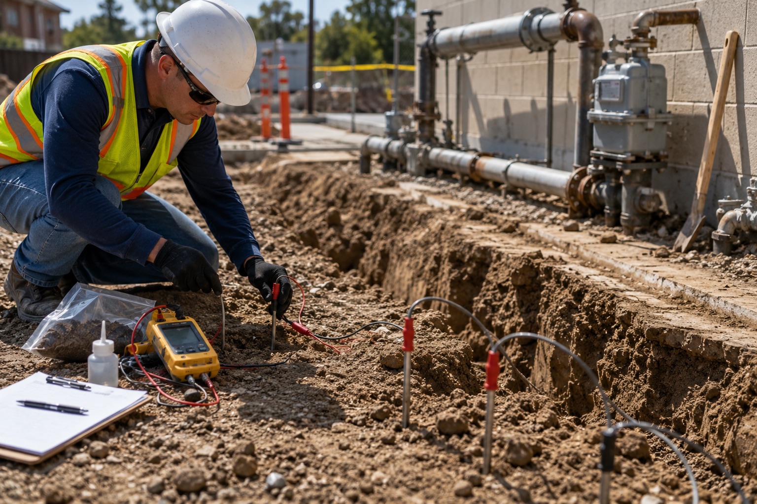 Caption1 Field engineer performing ASTM G57 soil resistivity testing at an active construction site to evaluate corrosive soil conditions and protect buried pipelines, reinforced concrete foundations, and underground infrastructure from long-term corrosion damage.